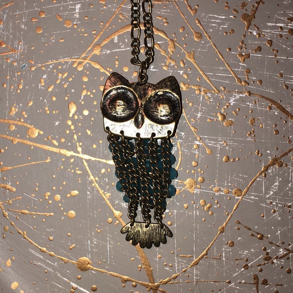 Brass Rhinestone Beaded Teal Night Owl Necklace - Picture 2 of 5